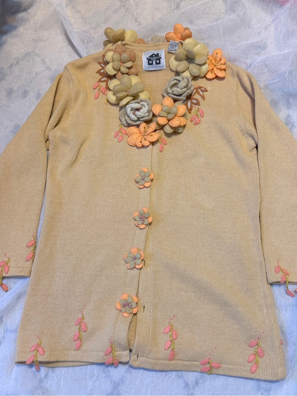 Vintage Storybook Knits Floral Embellished Cardigan - Beige, Peach, Pink